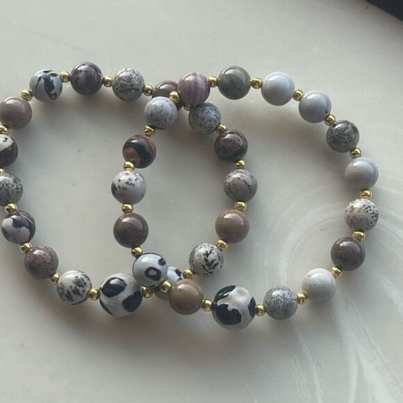 Hand crafted picture Jasper cow print stone crystal ONE NEW stretch bracelet - Picture 7 of 9